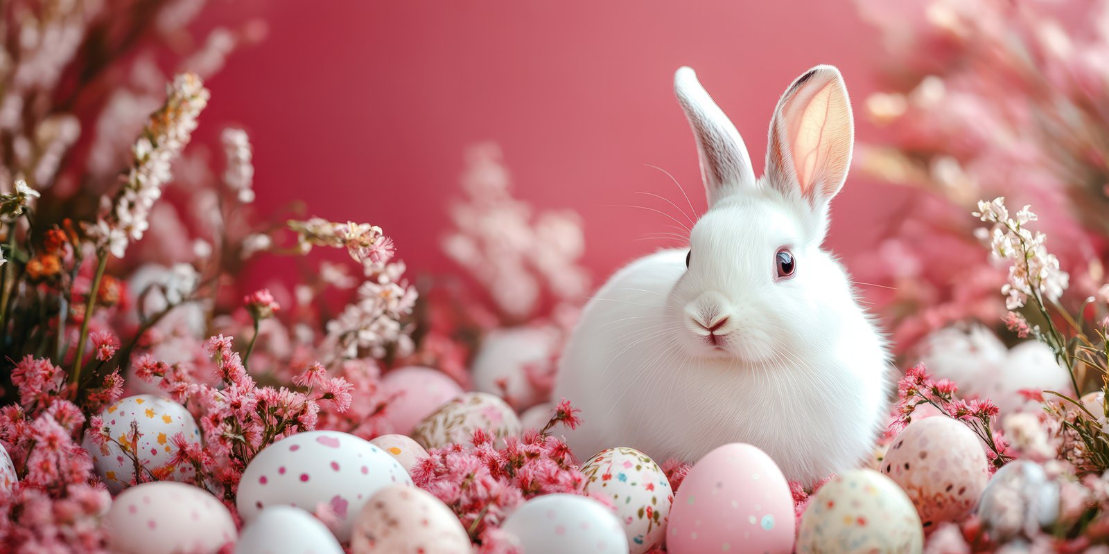 White rabbit surrounded by pink flowers and decorated eggs during springtime celebration